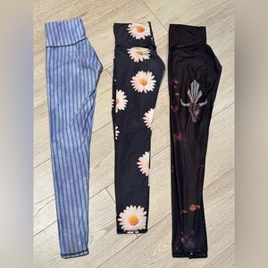 Teeki Women's Leggings Trio - Blue Stripe, Black Floral, Black Graphic